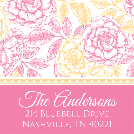 Buttercup & Raspberry Garden Rose Square Address Labels